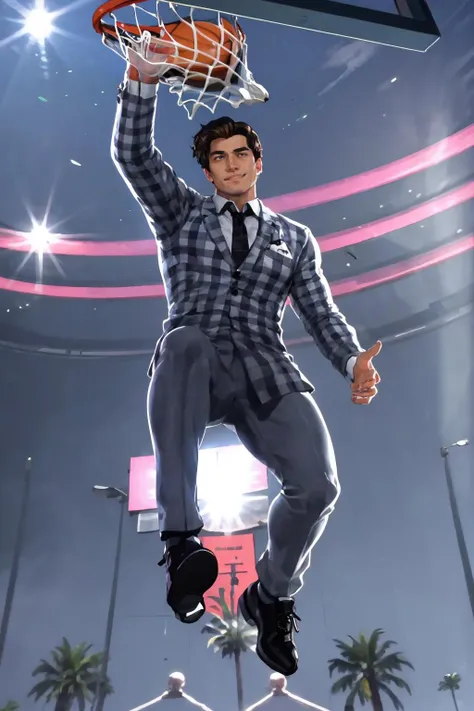 masterpiece, best quality, male focus, solo, jumping, full body, <lora:concept_slamdunk-10:0.8> slam dunk, from below, smirk, <lora:benny-fnv-richy-v1:1> benny, stadium