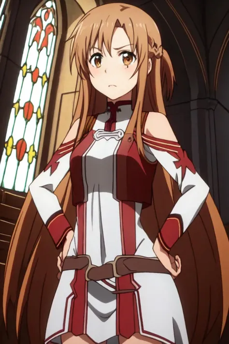 <lora:anime_screencap_v2:0.3> tall body, tall, long legs, mature female, mature, adult, <lora:GoodHands-beta2:1.4>, simple background, indoors
<lora:eft_s1_asuna:0.8> Eft_sao_asuna, 1girl, long hair, asuna (sao), brown hair, brown eyes, solo, weapon, sword, thighhighs, skirt, smile, armor, breastplate, detached sleeves, pleated skirt, white thighhighs, looking at viewer, bare shoulders, red skirt, very long hair