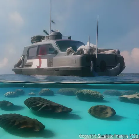 aquatic photograph of a submarine that looks like CarXjohnson, underwater with fins and propellers, coral, shark, blackhole, ocean bed, floating under the water with waterbed above, in the pacific ocean, sea quest, nautilus looking like CarXjohnson