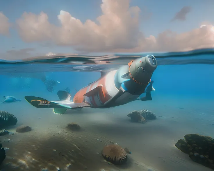 (aquatic photograph of a (CarXjohnson:0.5) submarine:1.3) that looks like a car and a sci-fi submarine, with fins and propellers, (underwater:1.3), (coral) ocean bed, (floating under the water:1.1) (with water above:1.1), (in the pacific ocean:1.1), (sea quest:1.1), (nautilus:1.1) looking like (CarXjohnson:1.0), (seaquest marauder:1.1)