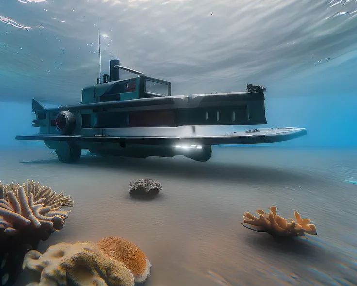(aquatic photograph of a (CarXjohnson:0.5) submarine:1.3) that looks like a car and a sci-fi submarine, with fins and propellers, (underwater:1.3), (coral) ocean bed, (floating under the water:1.1) (with waterbed above:1.1), (in the pacific ocean:1.1), (sea quest:1.1), (nautilus:1.1) looking like (CarXjohnson:1.0), (seaquest marauder:1.1)