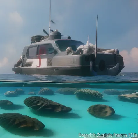 aquatic photograph of a submarine that looks like CarXjohnson, underwater with fins and propellers, coral, shark, blackhole, ocean bed, floating under the water with waterbed above, in the pacific ocean, sea quest, nautilus looking like CarXjohnson