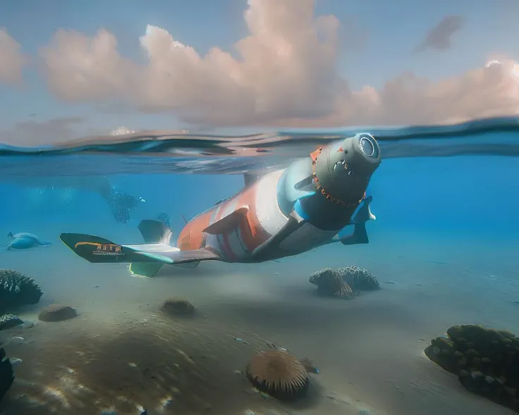 (aquatic photograph of a (CarXjohnson:0.5) submarine:1.3) that looks like a car and a sci-fi submarine, with fins and propellers, (underwater:1.3), (coral) ocean bed, (floating under the water:1.1) (with water above:1.1), (in the pacific ocean:1.1), (sea quest:1.1), (nautilus:1.1) looking like (CarXjohnson:1.0), (seaquest marauder:1.1)