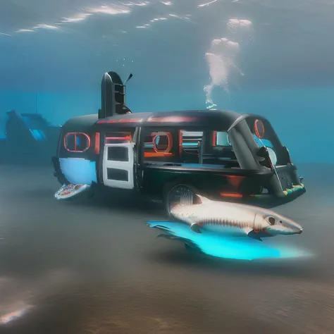 (aquatic photograph of a CarXjohnson submarine:1.3) that looks like a car and a sci-fi submarine, with fins and propellers, (underwater:1.3), (coral, sharks and fishes around it:1.2), ocean bed, (floating under the water:1.1) (with waterbed above:1.1), (in the pacific ocean:1.1), (sea quest:1.1), (nautilus:1.1) looking like (CarXjohnson:1.5), (seaquest marauder:1.1)