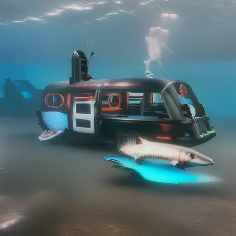 (aquatic photograph of a CarXjohnson submarine:1.3) that looks like a car and a sci-fi submarine, with fins and propellers, (underwater:1.3), (coral, sharks and fishes around it:1.2), ocean bed, (floating under the water:1.1) (with waterbed above:1.1), (in the pacific ocean:1.1), (sea quest:1.1), (nautilus:1.1) looking like (CarXjohnson:1.5), (seaquest marauder:1.1)