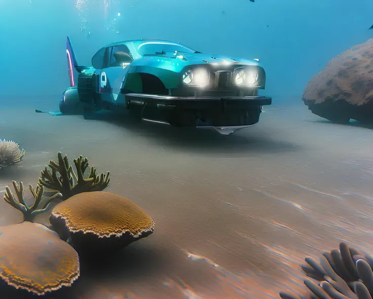 (aquatic photograph of a (CarXjohnson:0.5) submarine:1.3) that looks like a car and a sci-fi submarine, with fins and propellers, (underwater:1.3), (coral) ocean bed, (floating under the water:1.1) (with waterbed above:1.1), (in the pacific ocean:1.1), (sea quest:1.1), (nautilus:1.1) looking like (CarXjohnson:1.0), (seaquest marauder:1.1)