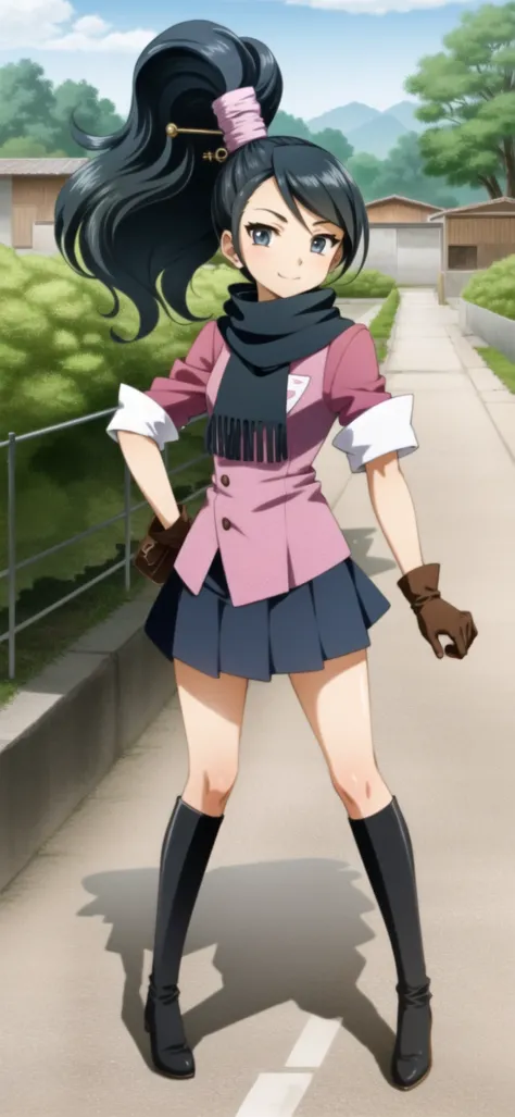 1girl, solo, looking at viewer, full body, (illustration), outdoors, hdr, soft smile, <lora:kay_faraday_12:1>, kay faraday, black hair, green eyes, high ponytail, sleeves rolled up, hair ornament, key, scarf, pink shirt, ace attorney, ace attorney investigations, karakusa \(pattern\), breasts, skirt, pleated skirt, kneehighs, knee boots, brown gloves,