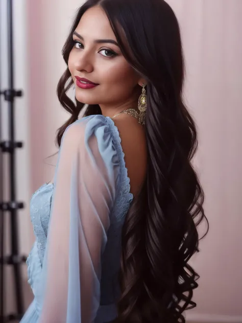 Amber_Vasquez <lora:Amber_Vasquez:1.2>,  blurry, blurry background, bokeh, buttons, ((at studio)), ((red Victorian dress:1.2)), collared shirt, cosplay photo, depth of field, ambient lighting, (natural lips:1.2), beautiful smile, ((full sleeve blue Victorian  midi dress:1.2)), (detailed eyes:1.2), (eye makeup:1.2), (perfect white teeth), hourglass figure, dslr, (film grain:1.2), cinematic composition, 8k, CG unity wallpaper, photorealistic, award-winning photograph, hyper realistic photograph, high quality RAW color photo, 4K, HDR. by (James C. Christensen:1.2|Jeremy Lipking:1.1), sunlight, spring