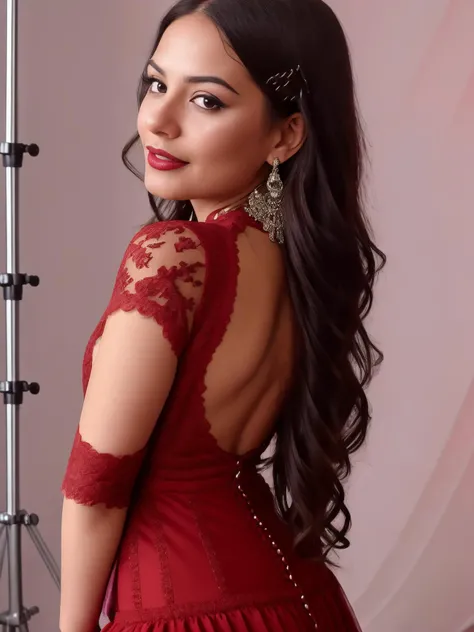 Amber_Vasquez <lora:Amber_Vasquez:1.2>, blurry, blurry background, bokeh, buttons, ((at studio)), ((red Victorian dress:1.2)), collared shirt, cosplay photo, depth of field, ambient lighting, (natural lips:1.2), beautiful smile, ((full sleeve Victorian midi dress:1.2)), (detailed eyes:1.2), (eye makeup:1.2), (perfect white teeth), perfect thighs, hourglass figure, dslr, (film grain:1.2), cinematic composition, 8k, CG unity wallpaper, photorealistic, award-winning photograph, hyper realistic photograph, high quality RAW color photo, 4K, HDR. by (James C. Christensen:1.2|Jeremy Lipking:1.1), sunlight, spring