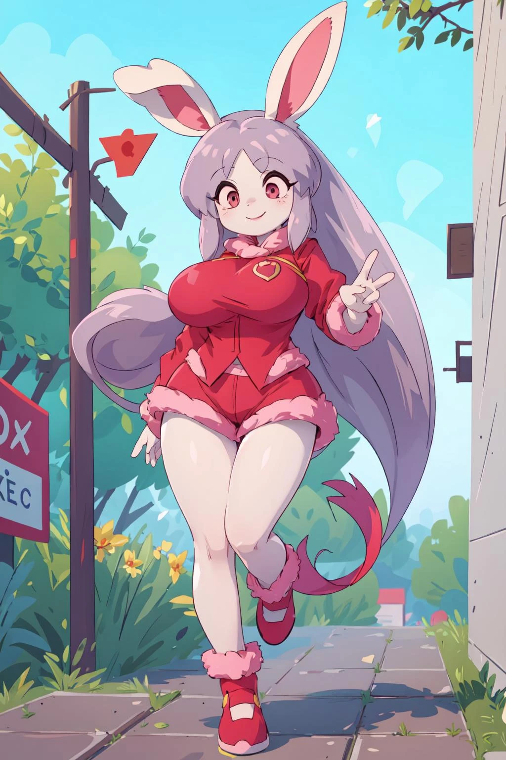 (masterpiece, best quality), 1girl, solo, iom saechomi, rabbit ears, long hair, furry, <lora:Saechomi_1:1> outdoors, street, dynamic pose, smile, huge breasts, mature female,