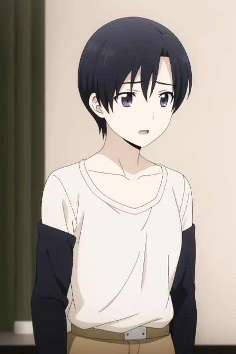 sylvia, anime art style, 1girl, solo, looking_at_viewer, short_hair, open_mouth, shirt, black_hair, long_sleeves, purple_eyes, collarbone, upper_body, striped, indoors, :o, hands_on_hips, striped_shirt