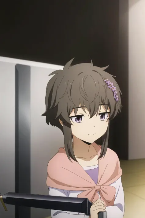 shizuku, anime art style, 1girl, solo, looking_at_viewer, smile, bangs, brown_hair, 1boy, holding, closed_mouth, purple_eyes, weapon, male_focus, sidelocks, holding_weapon, gun, portrait, holding_gun