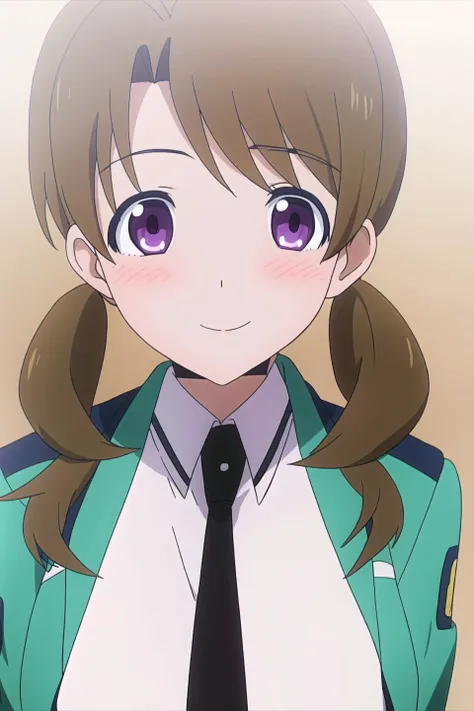 honoka, anime art style, 1girl, solo, looking_at_viewer, smile, brown_hair, twintails, purple_eyes, jacket, low_twintails, track_jacket, anime_coloring