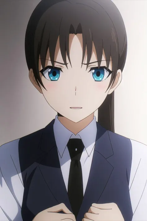 sayaka, anime art style, 1girl, solo, blush, open_mouth, blue_eyes, black_hair, school_uniform, jacket, ponytail, necktie, black_necktie, close-up