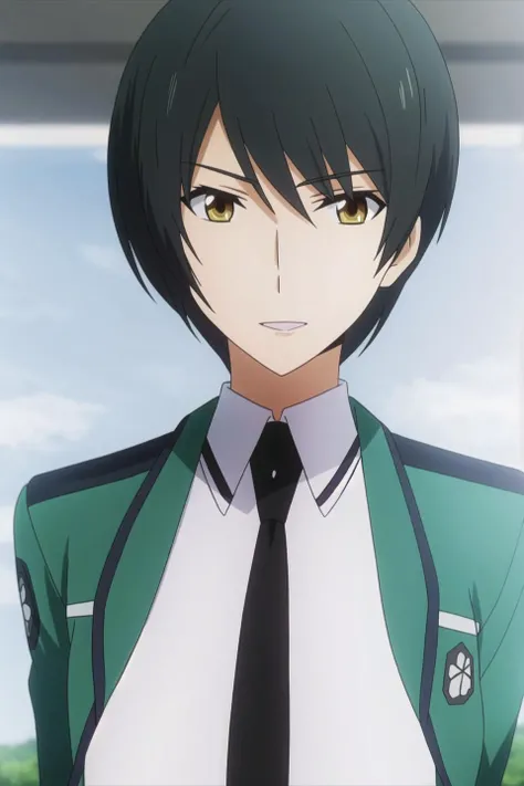 mari, anime art style, 1girl, solo, breasts, short_hair, black_hair, brown_eyes, school_uniform, jacket, upper_body, necktie, black_necktie, green_jacket