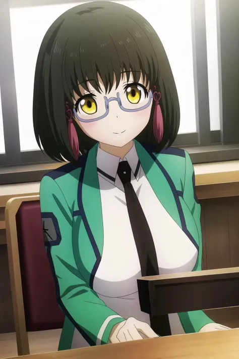 mizuki, anime art style, 1girl, solo, breasts, looking_at_viewer, blush, smile, short_hair, open_mouth, bangs, large_breasts, black_hair, school_uniform, jacket, yellow_eyes, upper_body, necktie, glasses, semi-rimless_eyewear, black_necktie, under-rim_eyewear