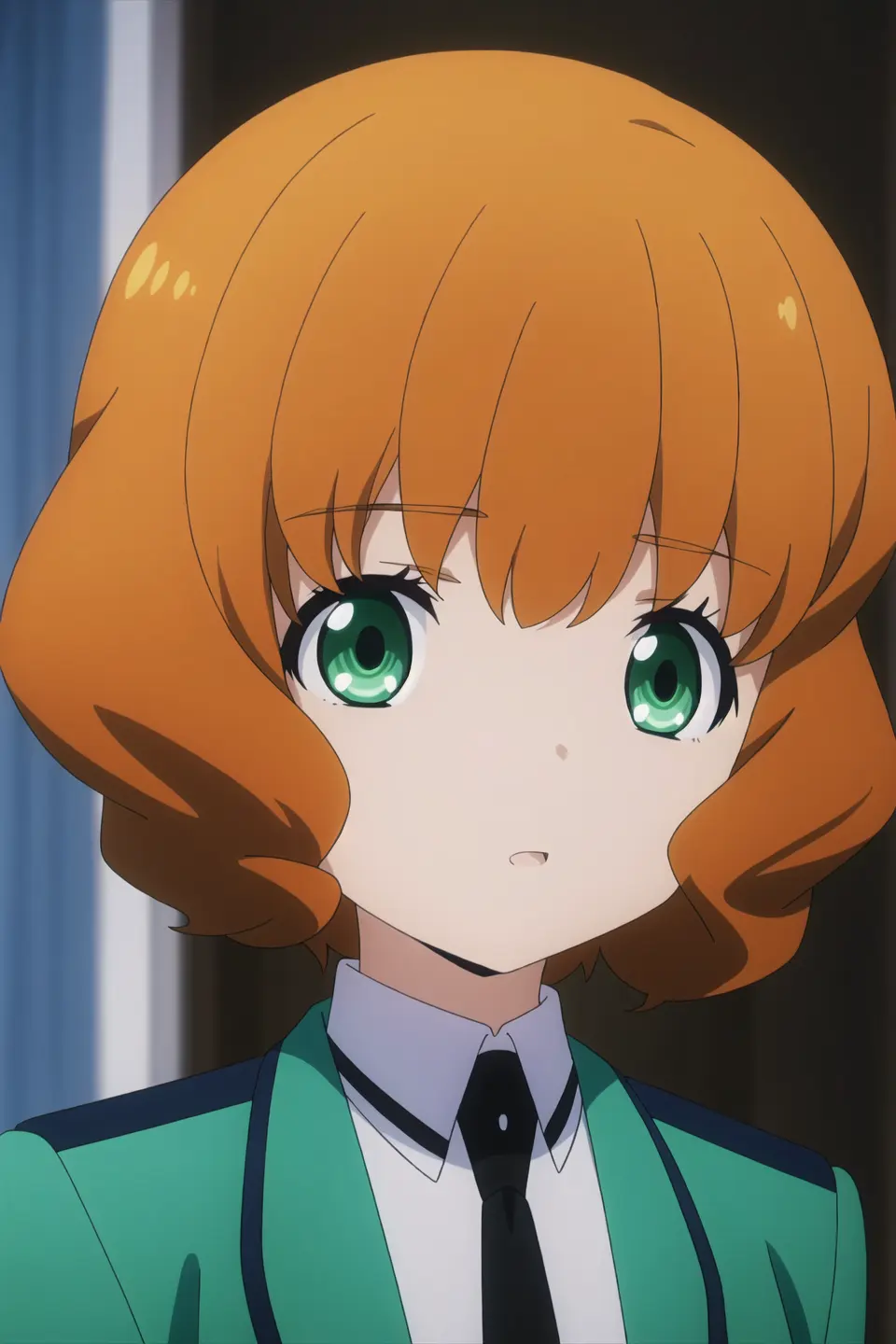 azusa, anime art style, 1girl, solo, looking_at_viewer, short_hair, school_uniform, green_eyes, jacket, upper_body, necktie, indoors, orange_hair, blurry, window, curtains, black_necktie, emblem