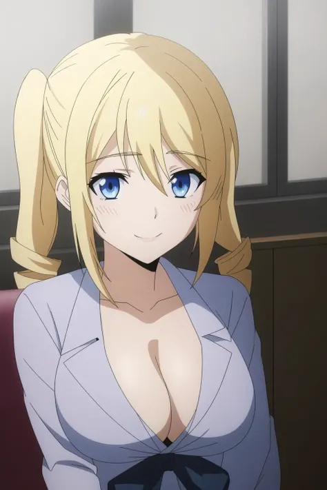 angelina, anime art style, 1girl, solo, breasts, looking_at_viewer, smile, blue_eyes, blonde_hair, shirt, ribbon, cleavage, twintails, medium_breasts, school_uniform, jacket, hair_ribbon, upper_body, open_clothes, drill_hair, blue_ribbon, twin_drills