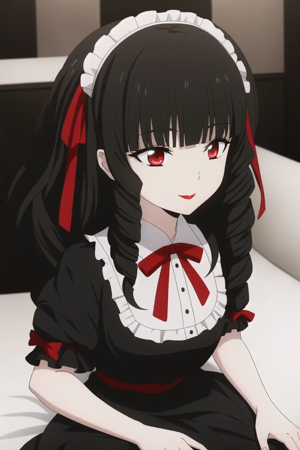 ayako, anime art style, 1girl, solo, long_hair, smile, bangs, black_hair, red_eyes, long_sleeves, 1boy, dress, ribbon, hair_ribbon, upper_body, frills, indoors, blunt_bangs, blurry, black_dress, red_ribbon, neck_ribbon, blurry_background, one_side_up, drill_hair, ta_fashion, gothic_loli
