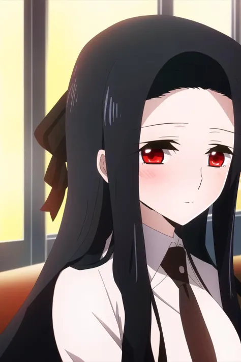 mayumi, anime art style, 1girl, solo, long_hair, looking_at_viewer, black_hair, red_eyes, ribbon, closed_mouth, school_uniform, hair_ribbon, upper_body, necktie, black_necktie
