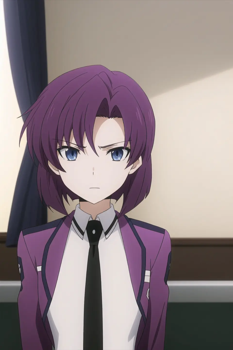 kanon, anime art style, 1girl, solo, looking_at_viewer, short_hair, blue_eyes, school_uniform, jacket, purple_hair, necktie, black_necktie