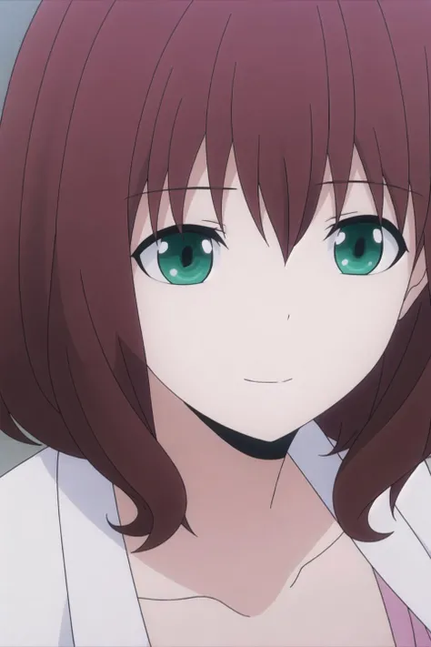 satomi, anime art style, 1girl, solo, breasts, looking_at_viewer, smile, short_hair, bangs, brown_hair, shirt, cleavage, medium_breasts, closed_mouth, green_eyes, collarbone, upper_body, red_hair