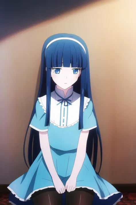 miyuki, anime art style, 1girl, solo, long_hair, blue_eyes, dress, blue_hair, standing, pantyhose, hairband