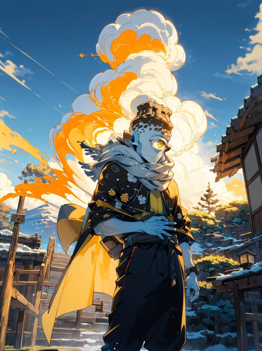 close-up face,(jogoat, 1boy, solo, male focus,colored skin, grey skin, one-eyed, cyclops, volcano head, tube ears, yellow cape, scarf,petite:1.12),Fluffy frills BREAK
(cowboy Shot:1.2),From below,Dutch angle,wide Shot,Best quality,(masterpiece,ultra detailed 8k art),standing ,focus face,(Japanese temple,cluster amaryllis garden,Spectacular view,petite) ,sunset,back right,japan,out door,looking at viewer,Wind
<lora:jogoat:1.2> <lora:saturation:0.15>