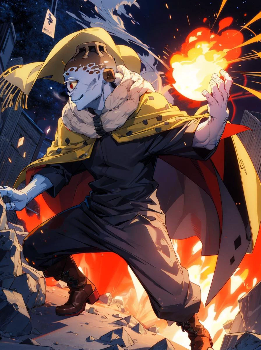 Best quality,(masterpiece,ultra detailed 8k art),chaos, BREAK
(fisheye lens:1.25),(close-up face,fire effect:1.2),profile face,(jogoat, 1boy, solo, male focus,colored skin, grey skin, one-eyed, cyclops, volcano head, tube ears
,dark brown boots, yellow cape,Fluffy scarf,petite:1.12),Fluffy frills,black teeth, devil's smile,(Hellfire,smoke) BREAK
(looking at viewer,full body:1.2),best hands,From above,From the top of the building,Shadow,Dutch angle,wide Shot,dynamic pose,battle ,focus face,(Japan,Tokyo) ,night,back right,japan,ou t door,(city,night sky,dark sky),Wind,cars, jump,fly,[:(crowd):20]
<lora:jogoat:1.2> <lora:marugao:0.3>  <lora:saturation:0.15>