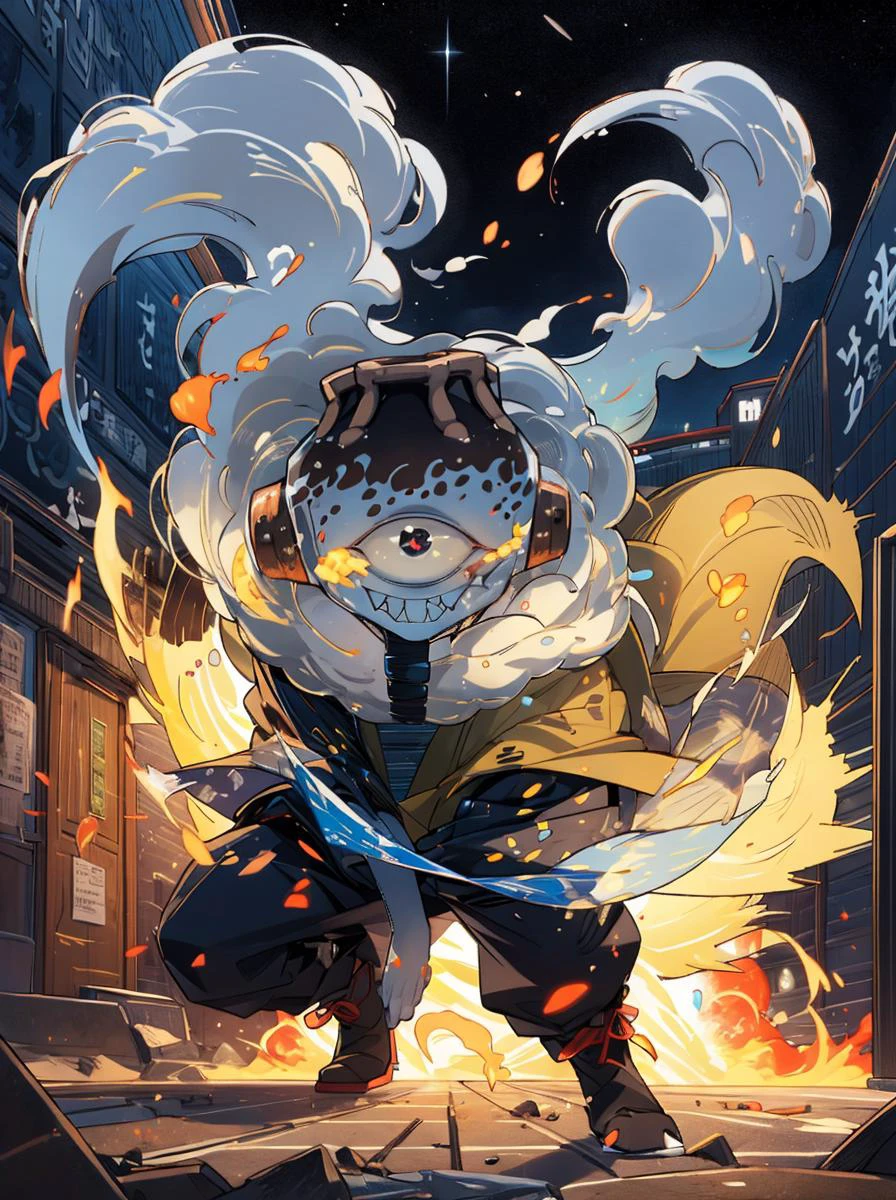 Best quality,(masterpiece,ultra detailed 8k art),chaos, BREAK
(fisheye lens:1.25),(close-up face,fire effect:1.2),profile face,(jogoat, 1boy, solo, male focus,colored skin, grey skin, one-eyed, cyclops, volcano head, tube ears
,dark brown boots, yellow cape,Fluffy scarf,petite:1.12),Fluffy frills,black teeth, devil's smile,(Hellfire,smoke) BREAK
(looking at viewer,full body:1.2),best hands,From above,From the top of the building,Shadow,Dutch angle,wide Shot,dynamic pose,battle ,focus face,(Japan,Tokyo) ,night,back right,japan,ou t door,(city,night sky,dark sky),Wind,cars, jump,fly,[:(crowd):20]
<lora:jogoat:1.2> <lora:marugao:0.3>  <lora:saturation:0.15>