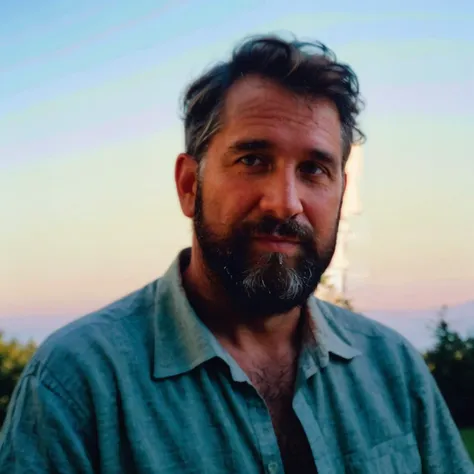 masterpiece, low quality, aesthetic, analog, film grain, grainy texture, light leak, vhs video, color shift, faded contrast, blurred background, summer, outdoor, sunny, upper body, 48yo handsome daddy, short unshaven beard, short grizzled hair, looking at viewer, linen shirt, <lora:saturation:0.8>, <lora:FilmVelvia3:0.6>