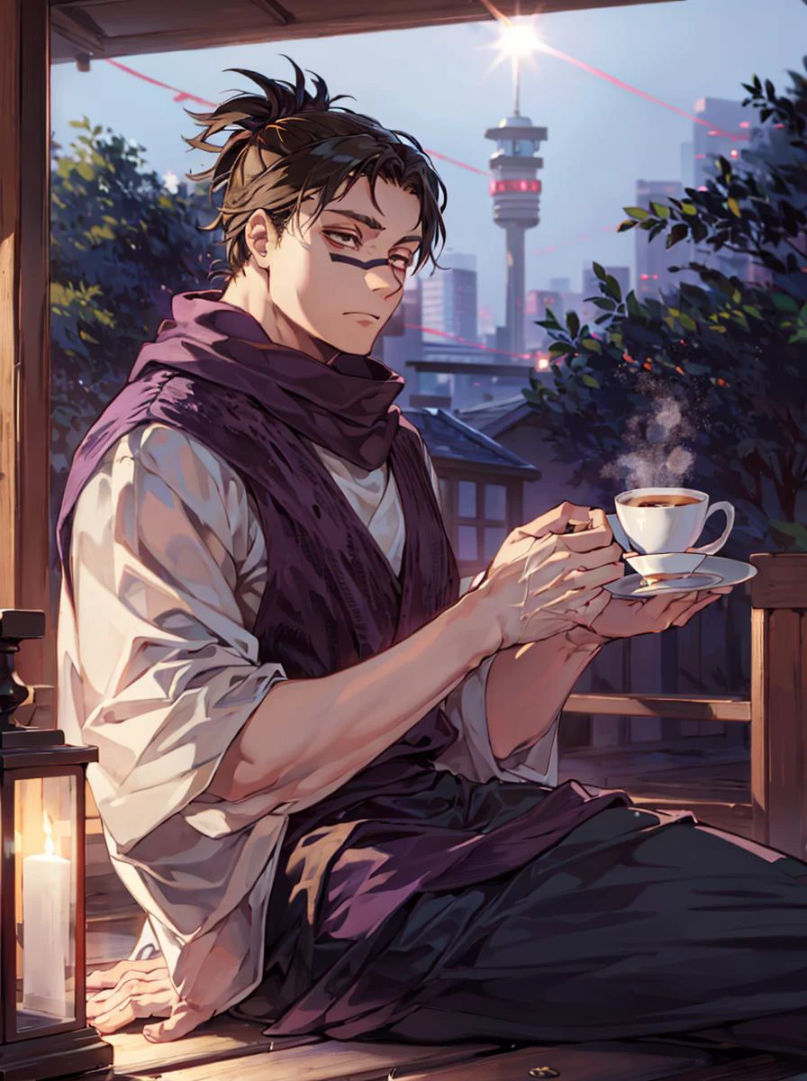 <lora:choso_v1:0.65>  <lora:saturation:0.15><lora:background & distence control:-2>
wide Shot,[best hands:(best hands):10] ,Best quality,dutch angle,full body,(masterpiece,ultra detailed 8k art),looking away,1 male, jjksnch, prpotf, dark brown eyes,focus face, Black hair,purple wear,white long wide sleeve
BREAK
Japan,tokyo,(cafe,out door ,drinking coffee, afternoon tea time,relax),sitting, terrace seating, patio seating,crowd