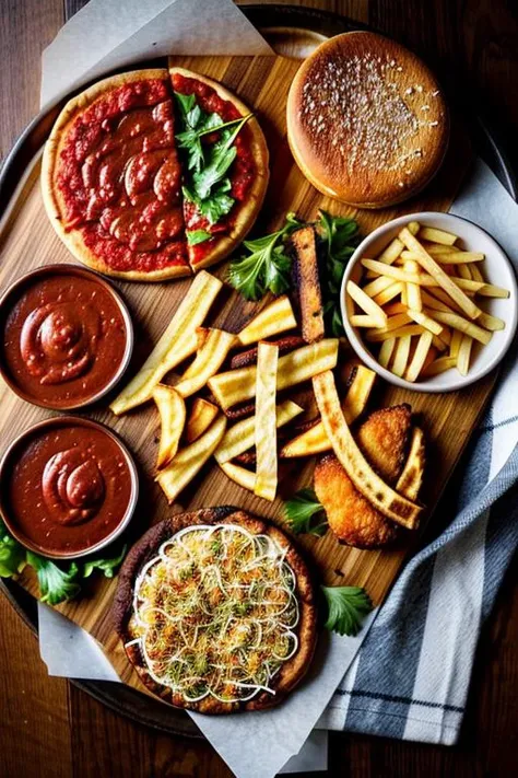 ketchup,chips,burger,fried chicken,pizza,steak,mid_shot,board,tissue,