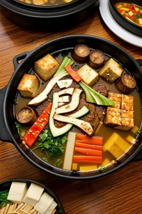 (hot pot:1.3),chinese hotpot,chinese cabbage,tofu,beef,(dried mushrooms:0.9),beer can,chopsticks,small plate,chongqing hot pot,from_above,close-up,marked,