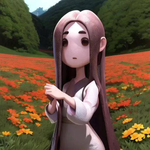 ((masterpiece)),(best quality), absurdres,sadako_yamamura, white dress, <lora:Sadakobest:0.7>, looking at viewer,   <lora:savannahxyzClayStop_v10:1>, standing in a flowerfield, claymation, rim light, closeup,upperbody,