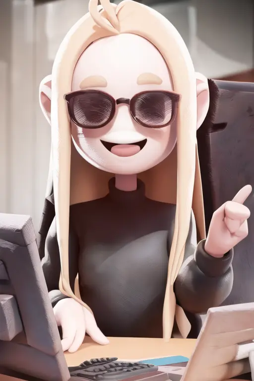 1girl, turtleneck sweater, long sleeves, blonde, looking at viewer, smile, monitor, open mouth, upper body, indoors <lora:savannahXYZ2-e9:1>