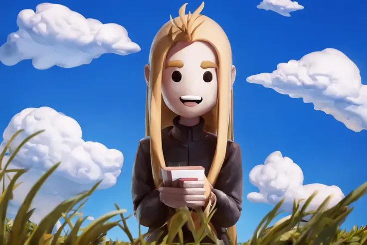 1girl, solo, grass, (tree:1.1), (sky, cloud:1.1), outdoors, upper body, blonde, long hair, open mouth, happy, black eyes, looking at viewer, from above, savXYZ, detailed, highres <lora:savannahXYZ2-e9:1.0>