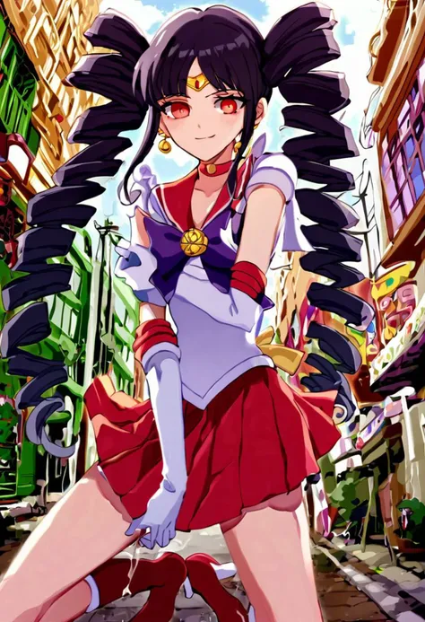 score_9, score_8_up, score_7_up, best quality, masterpiece, 4k, uncensored, prefect lighting, rating_explicit, very aesthetic, anime ,absurdres ,zPDXL, zPDXLpg, 1girl, celestia ludenberg, long hair, bangs, black hair, red eyes, long sleeves, twintails, drill hair, twin drills,<lora:sdxl-lyco-sailor_senshi_uniform-ponyDiffusionV6XL-v1:1>, sailor_senshi_uniform,circlet,choker, white long gloves , miniskirt, smile
BREAK on street, outdoors, city,