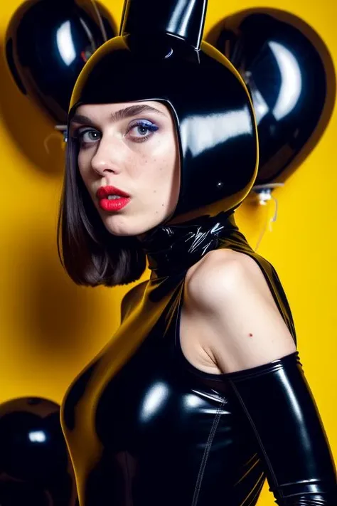 realistic, Gosia Rozalia, 28yo, medium figure, wearing black latex dress, funny selfie, ...