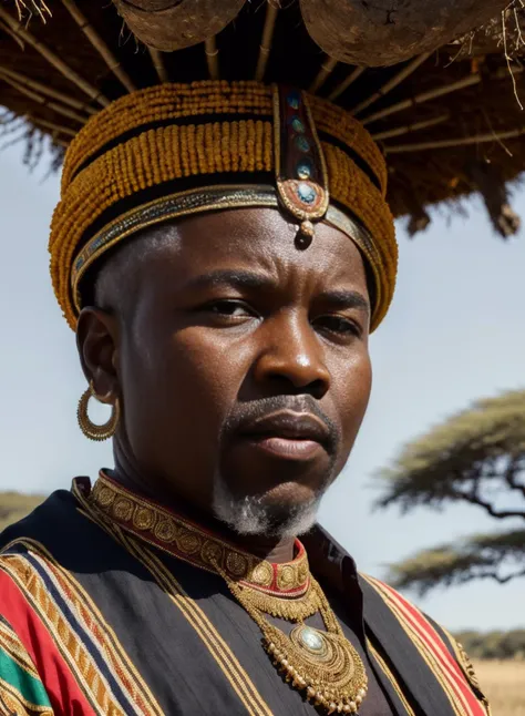 Up close Portrait, photograph, of a mature (king:0.7) with a commanding presence, wearing an elaborate headdress, penetrating amber eyes, closely cropped black hair, solo, sitting underneath a baobab tree,, intricate background, proud face, (African savannah theme:1.1), African art, 4k, 8k, absurdres, extreme quality, intricate skin details <lora:Elixir:1>