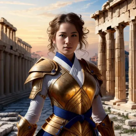 "portrait knights of zodiac girl, golden and copper shining armor, karate pose, in ruined agora of athens sunrise, ssci - fi and fantasy, intricate and very very beautiful and elegant, highly detailed, digital painting, artstation, concept art, smooth and sharp focus, illustration, art by tian zi and wlop and alphonse mucha and z - - ed"