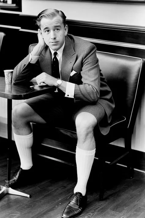 1940S vintage photo, realistic, full body shot, young Joe Biden, medium figure, sitting in McDonalds and eating, ...
