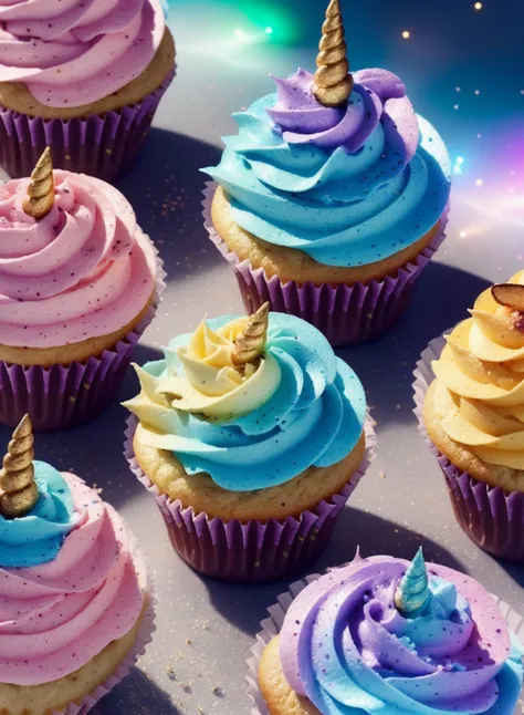 Mystical glowing unicorn cupcakes floating in nebula dust, from above, ambient moonlight, enchanted sparkle, ultra details, photorealistic, realistic, fairy dust lighting, Fantasy, Filmic, medium shot, 4k, Cinematic Lighting, volumetric Light, Ray Tracing Reflections, Chromatic Aberration, magical food photography, hyper realistic, 4k, 8k, (closeup:1.3)<lora:Elixir:1>