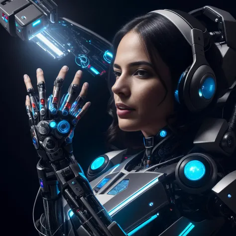 beauty young spanish woman with long black hair robotic hands, interacting with a holographic interface of alien artifacts, electrical case display, Terminator tech, ultrarealistic, dramatic lighting, electrical details, high details, 4k, 8k, best, accurate, trending on artstation, artstation, photorealism,