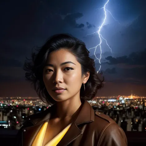 "portrait, large tokyo street in background, a women looks at the flashes of lightning bolts in sky, dark sky by artgerm, illustration, trending on artstation, deviantart,"