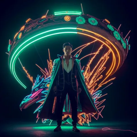 full-body bladerunner neon baroque style sculpture of a young handsome Korean prince as a half cibernetic android with a chest opening exposing circuitry and electric sparks, glowing laser beam eyes, crown of giant neon diamonds, flowing neon green colored silk, fabric, raptors. baroque elements. full-length view. mechanical gear neon flowers. intricate artwork by caravaggio. black screen panel for a face. Trending on artstation, octane render, cinematic lighting from the right, hyper realism, octane render, 8k, depth of field, 3D oil