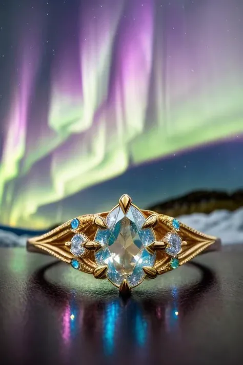 an concept art of magic ring, jewelry,   ((("Aurora's Glimmer": A shimmering ring of iridescent crystal that captures the colors of the aurora borealis. Bestows upon the wearer enhanced magical abilities and heightens their connection to the forces of nature. ))) ,(( (ring))) on table,rim lights,digital art,focus on subject,duch angle,clsoe shot,closeup,focus on material and ((structure,masterpiece)), unique style, extreamlly detailed, maximum quality, best quality,},(epic scene:1.3),(ultrasharp:1.3),(masterpiece:1.1),best quality ,(photorealistic:1.2),ultrarealistic,realistic, Magnificent,Imperceptible detail,Intricately designed, <hypernet:sxzBloom_sxzBloom:0.6>  <lora:add_detail:1> <lora:add_sharpness:0.63> <lora:MacroPhotography_last:0.77> macrophotography, (((intricated details)))
