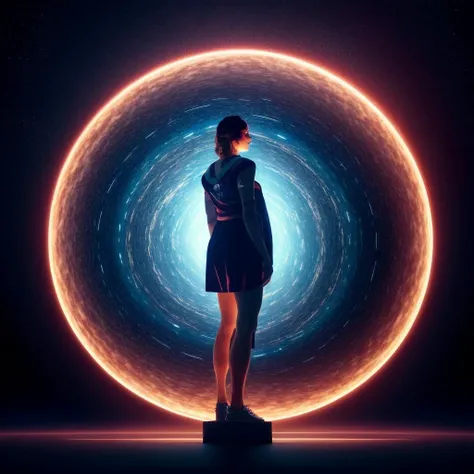 "a beautiful whimsical woman standing under a multi-colored binary blackhole with an accretion disc, casting magic, glowing trails following her arms, acidwave, hall of mirrors, interstellar galaxy, by Lois van Baarle, by Greg Rutkowski, by artgerm, by beeple, by studio ghibli, cinematic angle, volumetric lighting, 4k resolution, octane render, trending on artstation, masterpiece"