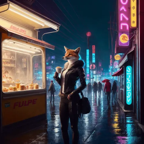 white - furred anthropomorphic female vulpes vulpes fulva wearing tight cyberpunk clothes, eating noodles, in the rain by a noodle kiosk, in the crowded and wet street of a city, cyberpunk, harsh neon lights, highly detailed, digital painting, trending on artstation, concept art, sharp focus, illustration, art by artgerm and greg rutkowski and magali villeneuve