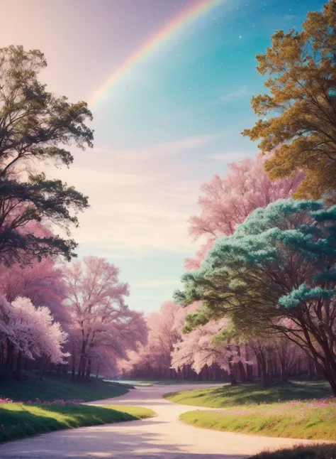 (fluorescent colors)1.4, (translucent)1.4,(retro filters)1.4, (fantasy)1.4, candy world Disney land ethereal soft fluffy soft landscape forest snowavatar Pastel pink sky green blue sparkle ethereal light pastel whimsical light rainbow stars diamonds sparkle gemstone background hyper realistic Ultra quality cinematic lighting immense detail Full hd painting Well lit <lora:Elixir:1>
